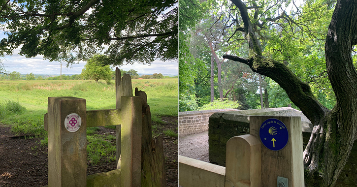 two photos showing a Northern Saints Trails way-marker and a Camino way-marker in County Durham. 